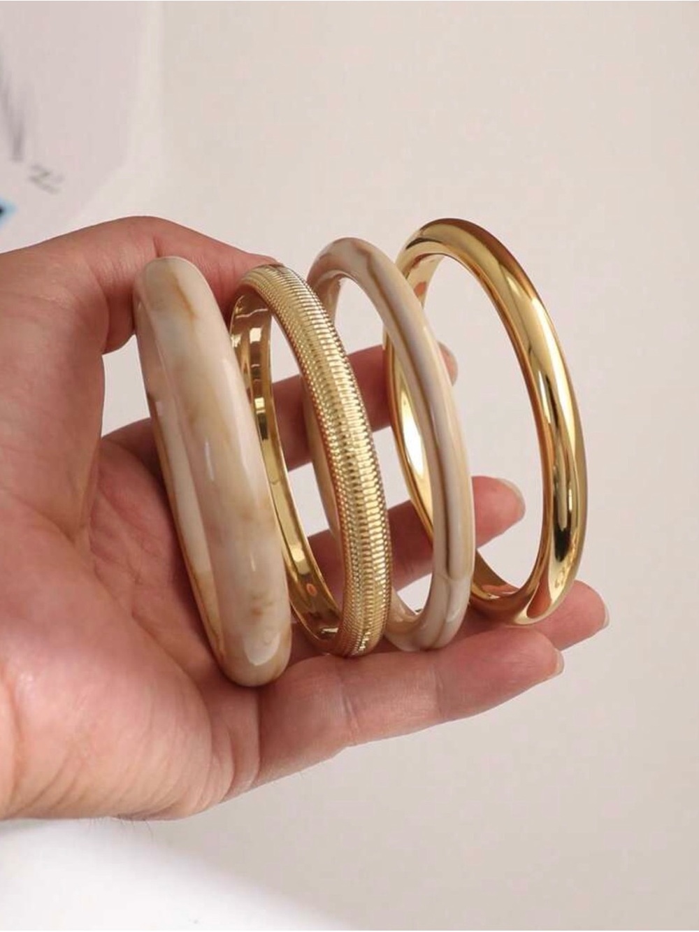 Gold and Cream Mixed Bangle Set — Women's Stackable Bracelets